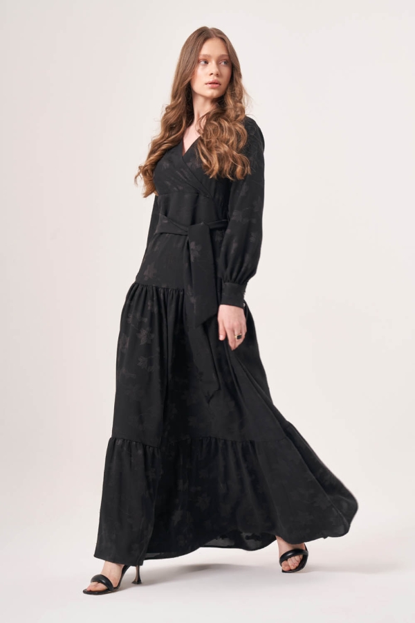 Mizalle - Kruvaze Uzun Siyah Elbise